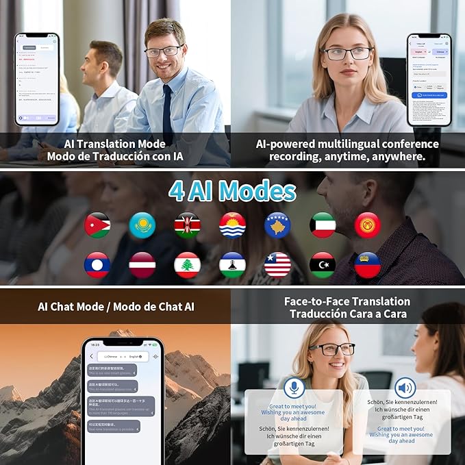 GenXenon AI Smart Glasses, AI Translator Powered by ChatGPT with Real-Time Translation (160+ Languages),AI Noise Cancellation, Removable Temples, Anti-Blue Light Bluetooth Glasses for Men & Women