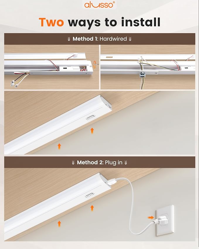 ALUSSO 24 Inch LED Under Cabinet Lighting Hardwired & Plug in 120V, 5CCT Color Selectable 2700K-5000K Dimmable 15W 1350LM High Brightness, Strip Linkable Under Counter Lights for Kitchen Sink, 2 Pack