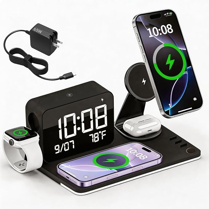 25W Magnetic Wireless Charging Station with Bluetooth Clock, 7-in-1 Rotatable Stand with Dimmable LED Lamp, 65W Adapter, Charger for iPhone 17/16/15 Apple Watch AirPods Bedside Nightstand Desk
