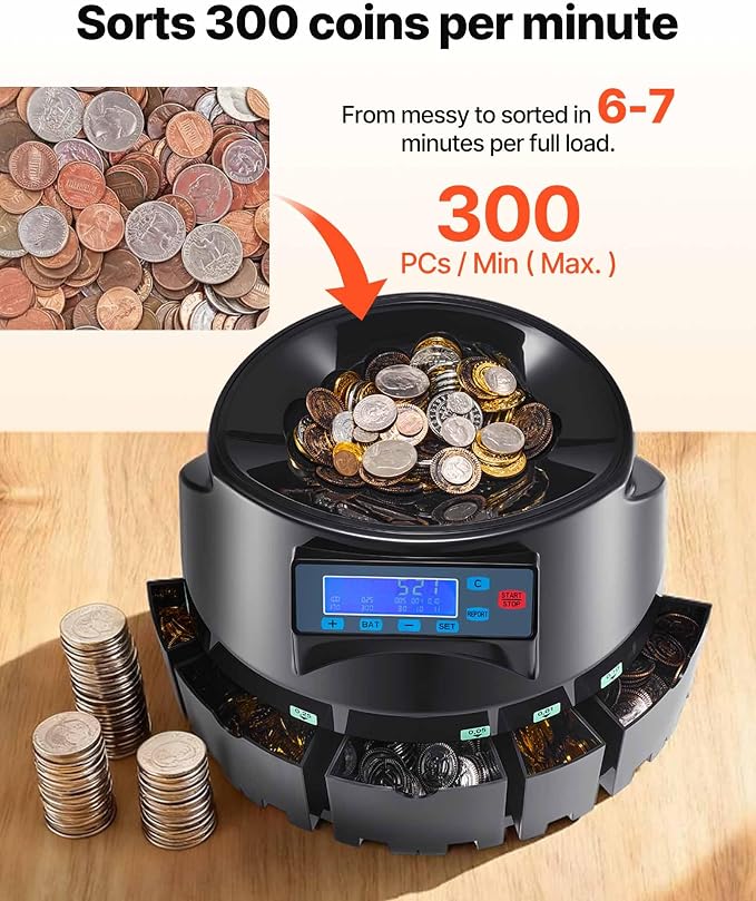 VEVOR USD Coin Counter with LCD Display, Precise Coin Counting and Sorter Machine - Sorts up to 300 Coins/min into Coin Wrappers, Compact Digital Change Counter Included 5 Coin Bins & 5 Tubes