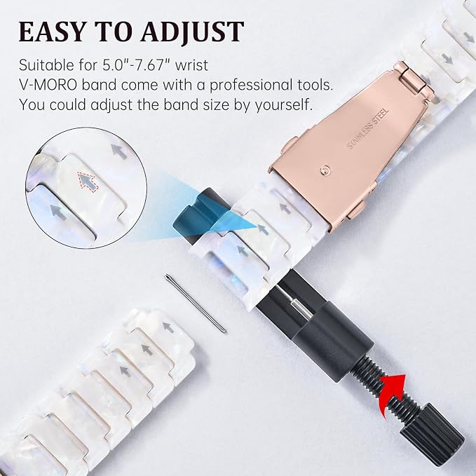 V-MORO Resin Band Compatible with Apple Watch Series 7/8/9/10 46mm/45mm/44mm/42mm Fashion Jewelry Strap for iWatch Series 6/5/4/3/2/1/SE/SE 2 Lightweight Bracelet Wristband Women(Classic Aurora White)