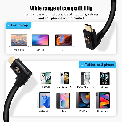 1ft 40Gbps USB 4.0 Type C Cable, 240W 5A PD Straight USB C Male to 90 Degree Angle Left & Right Angle USB C Male Cord for Smartphones, Laptops, Thunderbolt 3, Support 8K@60Hz