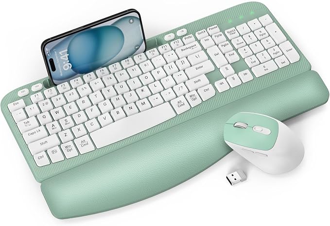 Wireless Keyboard and Mouse Combo, Full-Sized Ergonomic Wave Keys Keyboard with Memory Foam Wrist Rest & Phone Holder, 2.4G Quiet Keyboard Mouse Work Setup for PC Laptop, Office or Home (Mint Green)