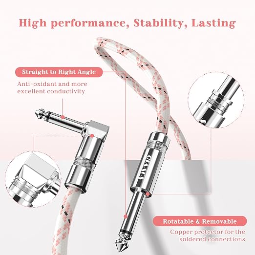 6FT Instrument Cable - Electric Guitar & Bass Cable with Right Angle 1/4 Inch Connector - Pink White
