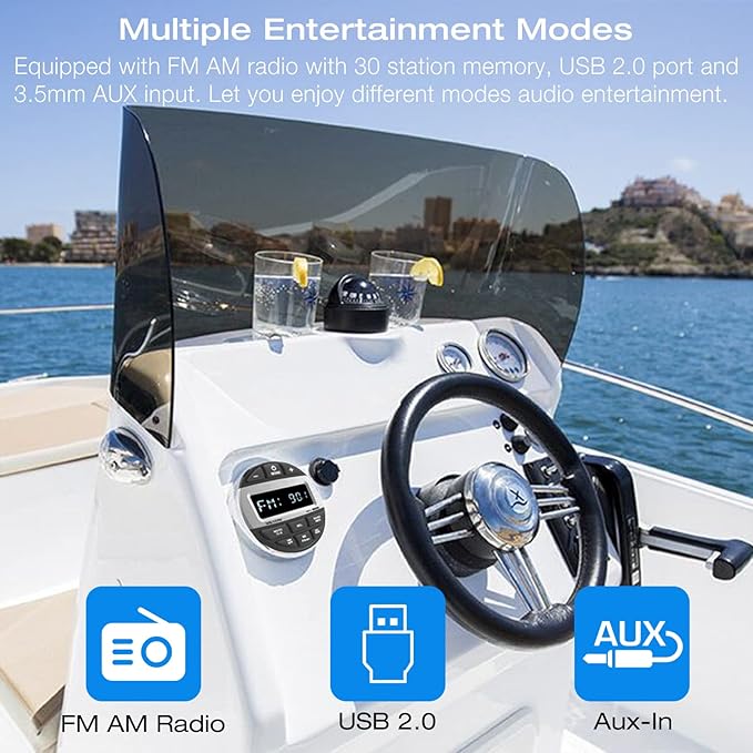 Bluetooth Marine Radio Boat Stereo: Waterproof Boat Audio Receiver - Digital Marine Grade Player with FM AM Radio USB AUX-in Subwoofer Pre-Amp EQ