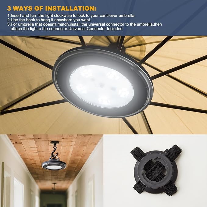 Vitnucrol LED Patio Umbrella Lights with Remote, 4000mAh Rechargeable Portable Outdoor Cantilever Umbrella Lamp with 3 Brightness, Dimmable Camping Lights for Offset Umbrellas, Tents