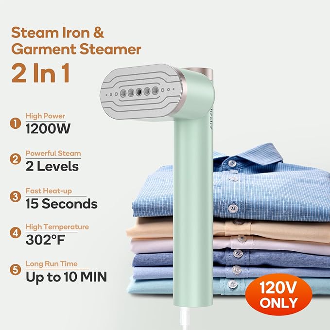 Newbealer Rotatable Steam Iron, 1200W Garment Wrinkle Remover, 120V (Green) | 302°F Steamer for Clothes, 2 Steam Levels, Horizontal and Vertical Steaming, Dry Ironing, 15s Heat Up, for Home/Hotel/Laundry