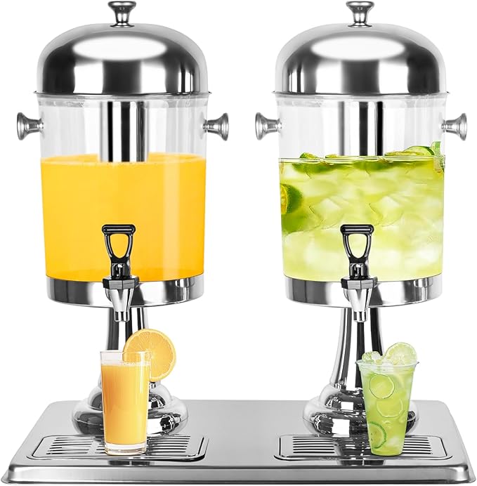 Drink Dispenser with Stand, 4.2 Gallon Beverage Dispenser for Parties, Stainless Steel Dual-Head Juice Dispenser with Centre Ice Core and Drip Trays for Parties, Buffet Cafeterias, Homes