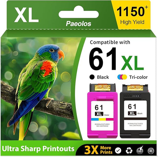 61XL Ink Cartridges Black and Color Combo Pack High Yield Replacement for HP 61 Ink Cartridges for HP61 XL for HP Ink 61 for HP Envy 4500 Ink 5530 4502 OfficeJet 4630 Deskjet 2540 Printer (2-Pack)