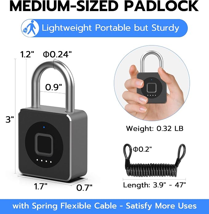 eLinkSmart Fingerprint Gym Locker Lock, Keyless Biometric Padlock, Weatherproof Electronic Digital Smart Combination Pad Lock for Outdoor Fence Gate Storage Helmet Ski Pool Shed (Black, with Cable)