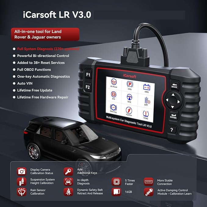 iCarsoft LR V3.0 2026 Ver Bidirectional OBD2 Scanner for Most Land Rover/Jaguar from 1996-2023 Full Systems Diagnostic Scan Tool 37 Service/118 Graphic Data Engine Transmission ABS Car Code Reader