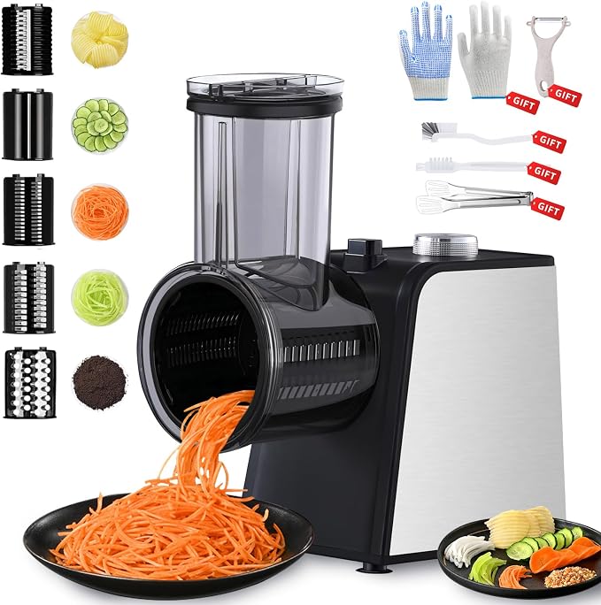 5-In-1 Electric Cheese Grater: [800W Advanced Motor] Upgraded Cheese Grater with 5-Interchangeable Blades, Peelers Cleaning Brush&Gloves as Gifts, Salad Shooter Electric for Cheese, Fruits (Purple)