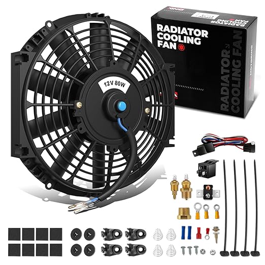 DNA Motoring 10Inch Electric Radiator Cooling Fan Thermostat Wiring Switch Relay Kit, Universal High Performance Slim Fan Push Pull Electric Radiator with Mount Kit, RAF-10+SW-KIT