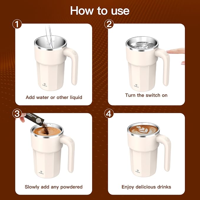Self Stirring Coffee Mug, 12oz Rechargeable Magnetic Mixing Cup, 316 Stainless Steel Electric Stirring Cup with Lid & Handle for Coffee, Cocoa, Matcha, Creamer, Mushroom Coffee, Cream
