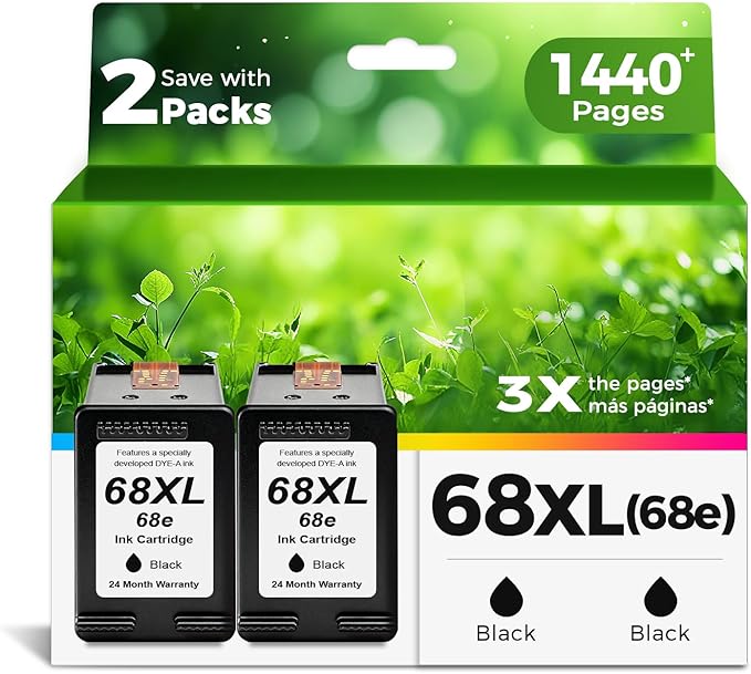 Ankink 68XL 68e Ink Cartridges Black 2 Pack Replacement for HP 68 XL HP68 Work for 6100e 6500e Printers for Envy 6152e 6155e 6552e 6555e 6558e 6110e 6110r 6120e 6130e 6131e 6132e 6165e 6520e 6530e