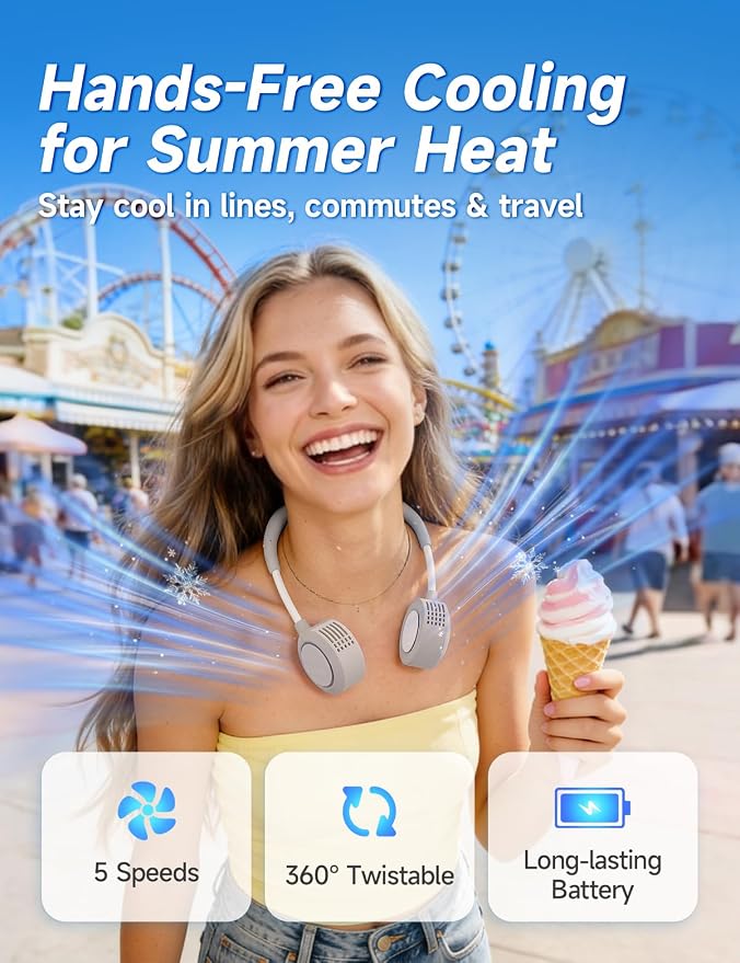 Portable Neck Fan - Hands Free Personal Face Fan, 5 Speeds Rechargeable Wearable Cooling Fan, Flexible Foldable Small Thin Quiet Neck Cooler for Travel, Work, Hot Flashes (Stone Greige)
