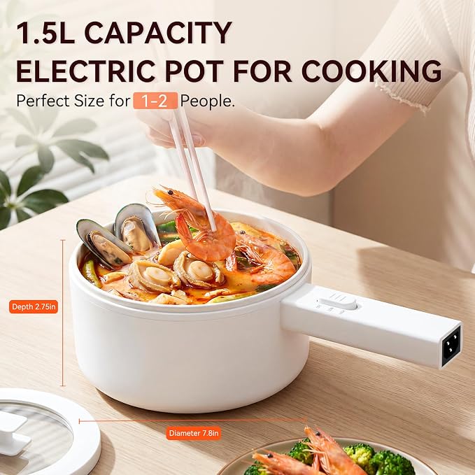 Electric Hot Pot, 1.5L Mini Hot Pot, Ceramic Glaze Non-stick Portable Pot, Electric Pot for Steak, Egg, Fried Rice, Oatmeal, Soup, Ramen with Dual Power Control, Electric Pot for Dorm
