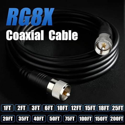 RG8x Coaxial Cable, CB Coax Cable, 12ft UHF PL259 Male to Male Low Loss CB Antenna Cables, 50 Ohm for HAM Radio, Antenna Analyzer
