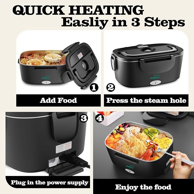 Buddew Electric Heated Lunch Box, 80W Fast Heating, 1.5L Food-Grade 304 Stainless Steel, 12V/24V/110V Portable Food Warmer for Car Truck Office Adults, Lonchera Electrica Portatil (Black)