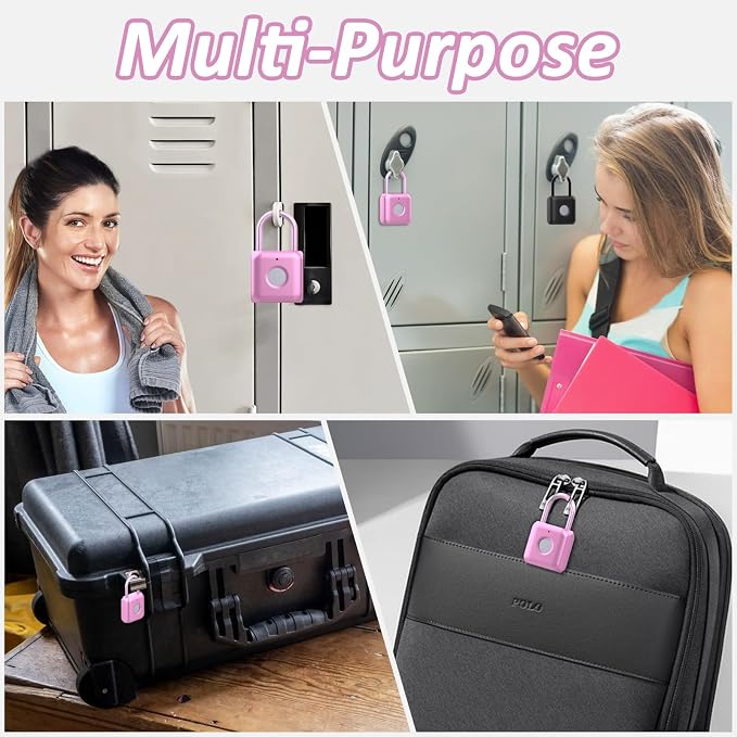 Pothunder Fingerprint Padlock, Smart Padlock, Locker Lock, Combination Lock, Fingerprint Lock with APP Unlock, USB Rechargeable, Suitable for Gym Locker, Door, Locker(Pink)