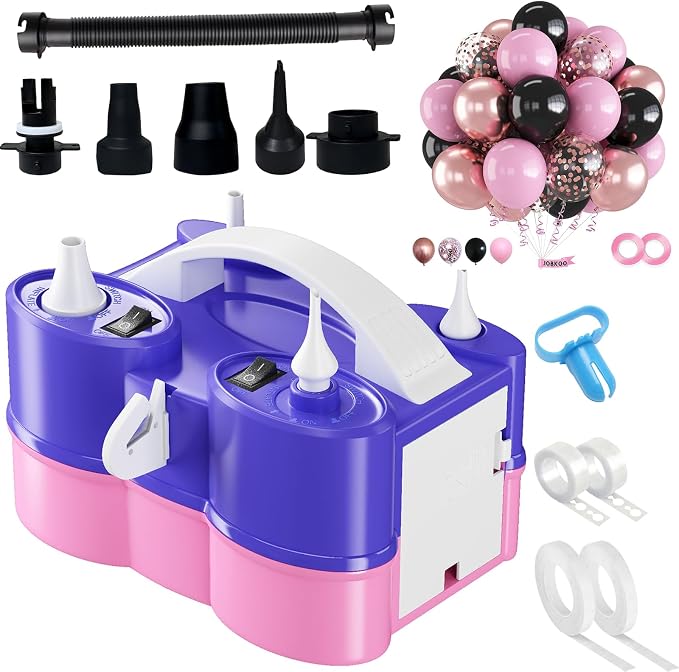 3-in-1 Electric Balloon Pump with Pink Black Balloon, 3-in-1 Electric Balloon Pump, Portable Electric Air Pump for All Balloons Inflatables Dual Nozzle Balloon Blower Machine