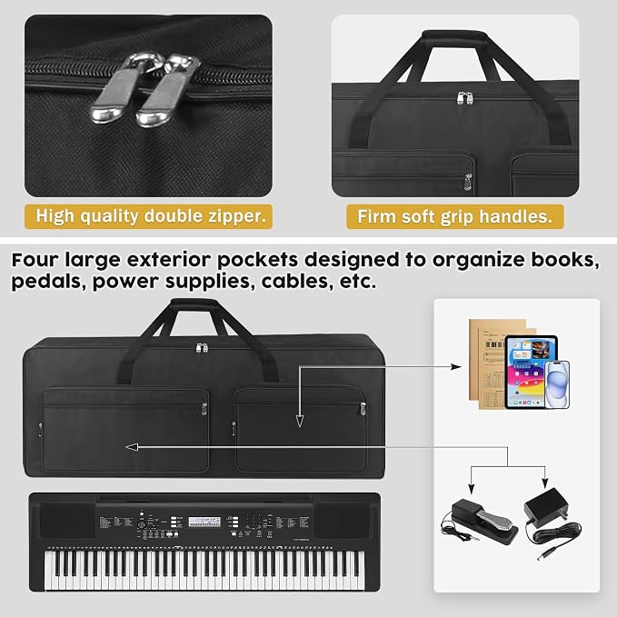 76 Key Piano Keyboard Case Bag 46.46" x 5.11" x 17.91"，Portable Padded Keyboard Gig Bag with Handles and Adjustable Backpack Straps with 4-Pocket for Keyboard Accessaries (Black)
