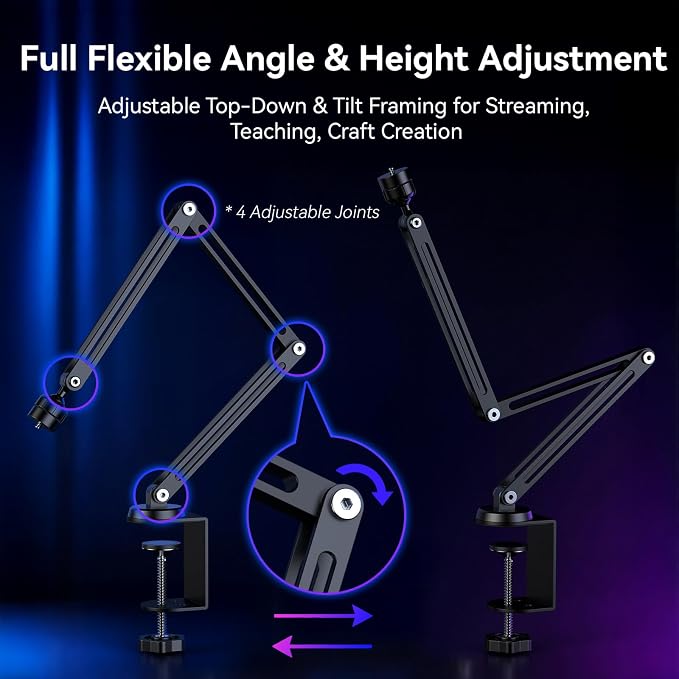 EMEET S600L 4K Webcam with Adjustable Desktop Overhead Stand, 4 Lighting Modes, Rainbow Effect, 1/2" Sensor, 0.2S PDAF, 2 Mics, Dial Control, 4K Webcam with Tripod for OBS/Twitch/YouTube/Zoom/PC/Mac