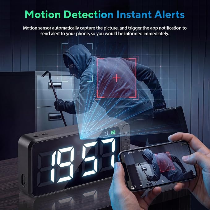 Hidden Camera Clock 4K WiFi Indoor Security Camera with Long Battery Life, Remote View with Phone, Magnetic Nanny Cam with Night Vision for Home, Office, Store