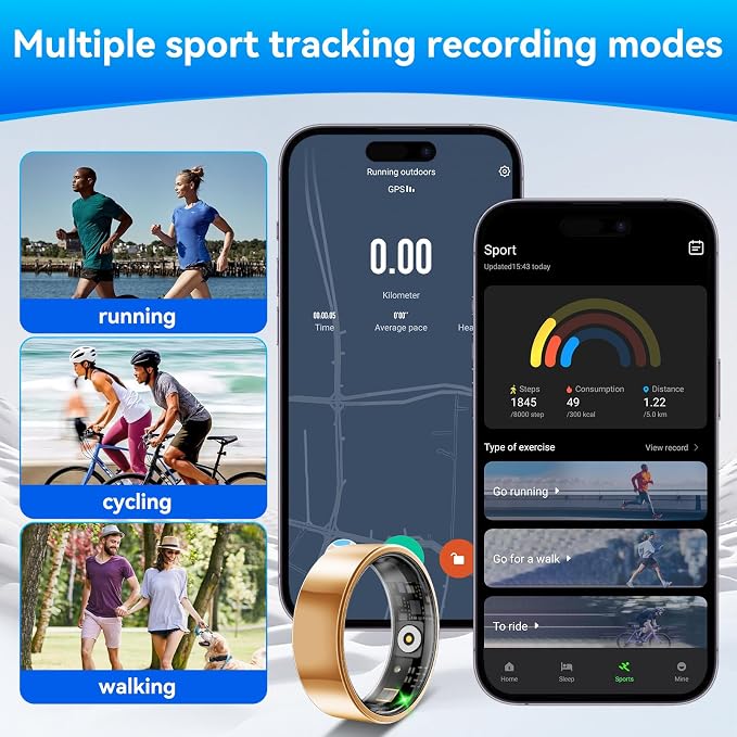Smart Fitness and Activity Ring for Men and Women - Track Heart Rate Stress Sleep Steps and Blood Oxygen, 10ATM Waterproof Fitness Tracker for iPhone and Android, No Subscription Fee, Size 11
