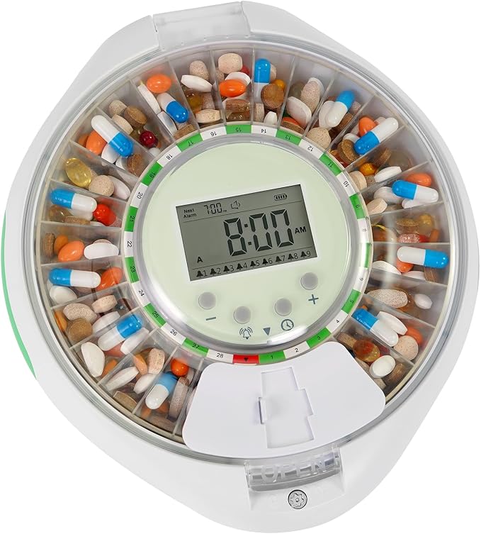 JULOS Automatic Pill Dispenser with 9 Alarms & Front Safety Lock for Elderly & Dementia Care – Sound/Light Reminders, Up to 9 Daily Doses, 28 Compartments Medication Organizer, Clear Lid