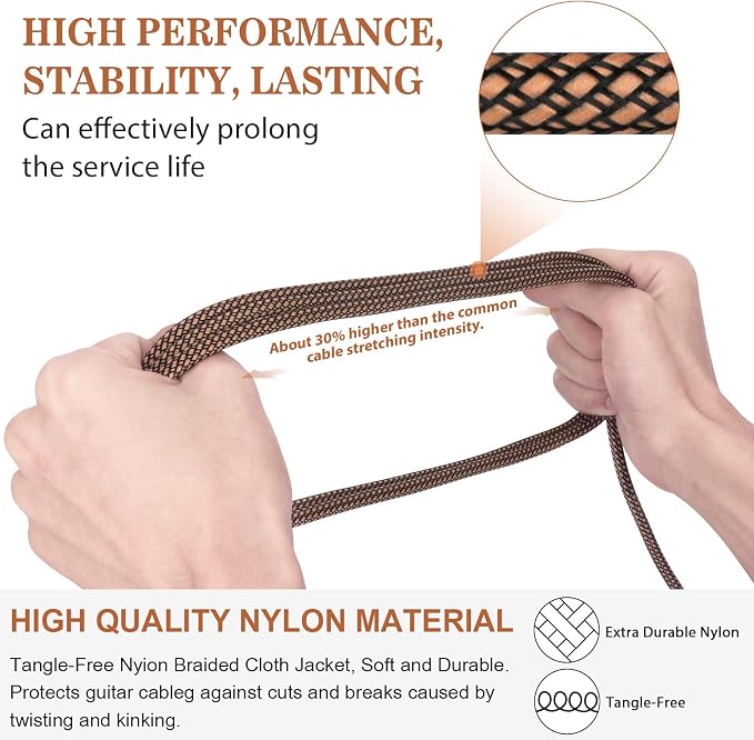JOLGOO Guitar Cable, 1/4 Inch Cable 10 Ft, Straight to Right Angle 6.35mm Plug Bass Keyboard Instrument Cable, Orange and Black Tweed Cloth Jacket, Electric Mandolin, pro Audio