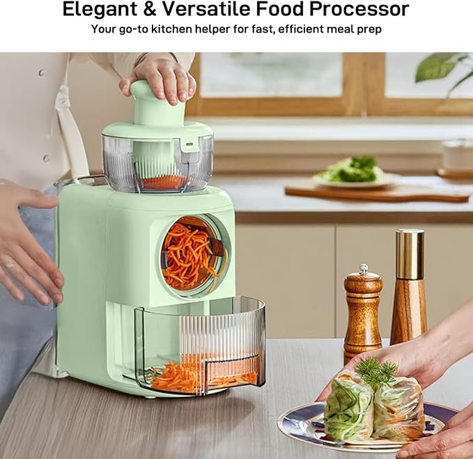 SIFENE Electric Cheese Grater & Vegetable Slicer, 5.6" Ultra-Wide Feed Chute Food Processor for No Pre-Cutting, 4 Stainless Steel Blades for Slicing & Shredding, 1.8L Capacity, Green