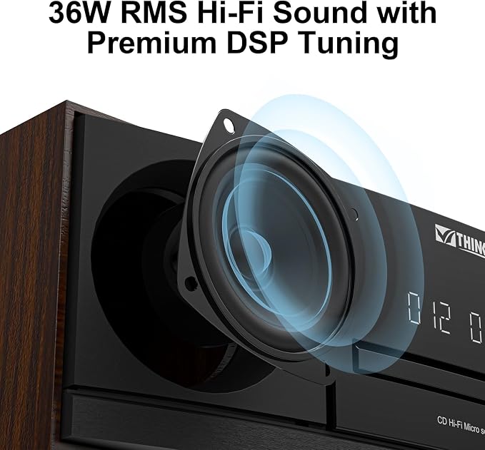 JA-318 CD Player Stereo System for Home, 36W RMS HiFi Bluetooth 5.3 CD Player with Speakers, FM Radio 40 Presets, USB/AUX Playback, LED Clock & Alarm, IR Remote Control, Vintage Wooden Design