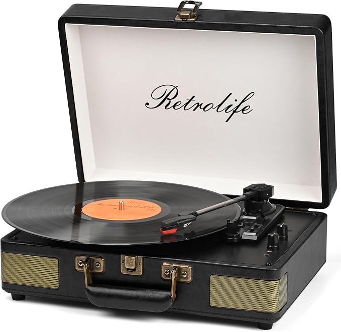 Retrolife Record Player 3 Speed Bluetooth Portable Suitcase Vinyl Player with Built-in Speakers Turntable Enhanced Audio Sound PU Leather Vintage