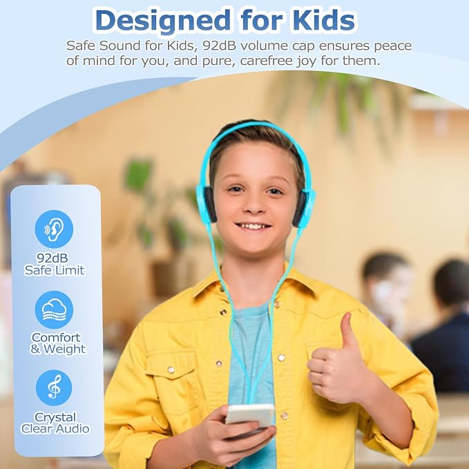 2 Pack Kids Headphones for School Classroom K-12, Swivel Foldable, HD Stereo, 3.5mm Jack Wired Headphone for Kids Children Student (Blue+Pink)