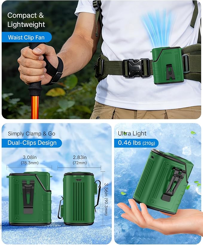 W & O Portable Fan Rechargeable,Personal Waist Clip on fan 4 Speeds & Flashlight Hands-FreeHanging Neck Fan, 20H Cooling For Outdoor Camping Travel(Green)