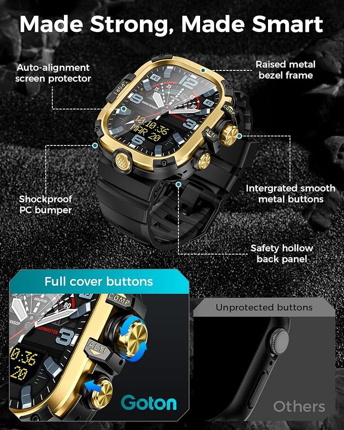 Goton Rugged Case and Band Kit with Screen Protector for Apple Watch 49mm, Compatible with Apple Watch Ultra 3/2/1, Full Body Shockproof Metal+PC Bumper Cover with Soft Band, 49mm Gold