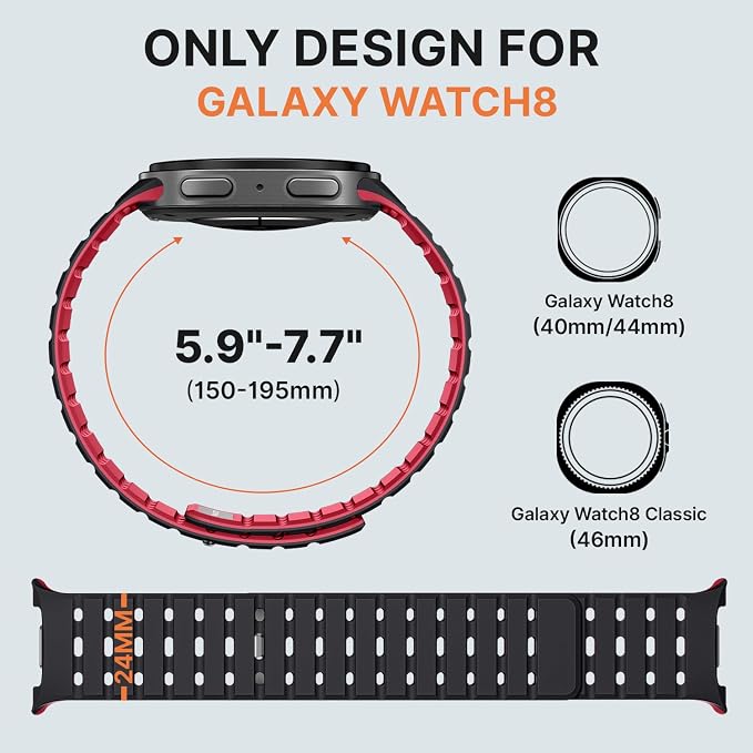 Bandletic Magnetic Silicone Band Compatible with Samsung Galaxy Watch 8 40mm 44mm / Watch 8 Classic 46mm 2025, No Gap Soft Breathable Replacement Strap for Men Women, Black/Red