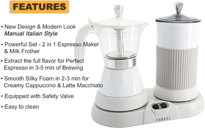 FUOCCI Electric Moka Pot with Milk Frother – 3-Cup (150 ml) Modern Espresso Maker for Coffee, Cappuccino, Latte, Mocha & Cuban, White