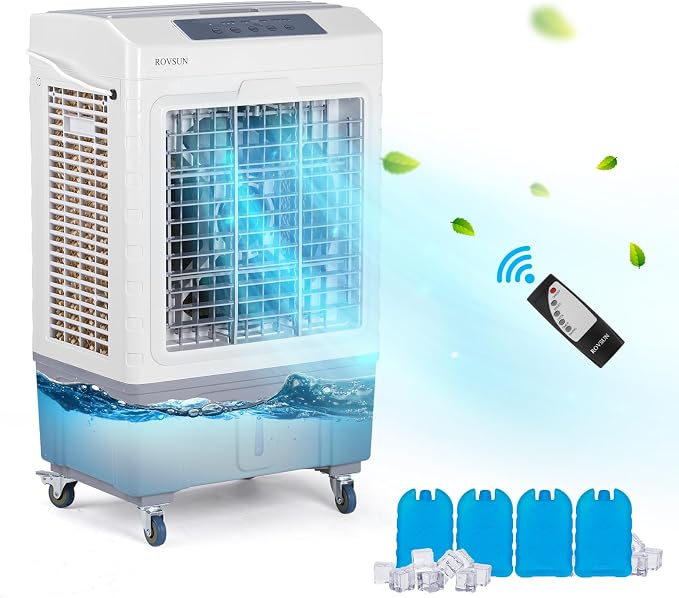 ROVSUN 10.5Gallon Evaporative Air Cooler, 2600CFM Portable Swamp Cooler with Remote Control, Oscillation, 3 Speeds, 7.5H Timer & 40L Water Tank, 3-IN-1 Cooling Fan for Home Office Garage Outdoor