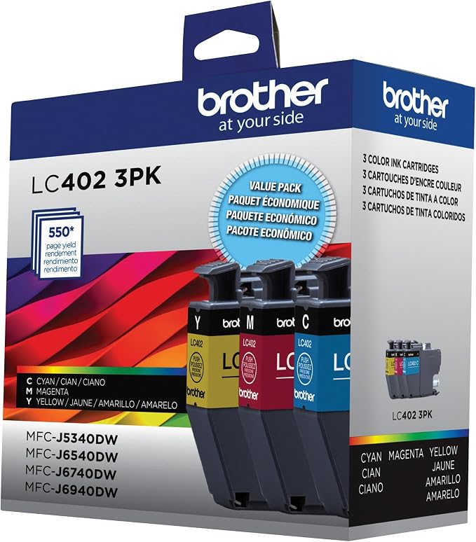 Brother Genuine LC402 3PK 3-Pack of Standard Yield Cyan, Magenta and Yellow Ink Cartridges, Black