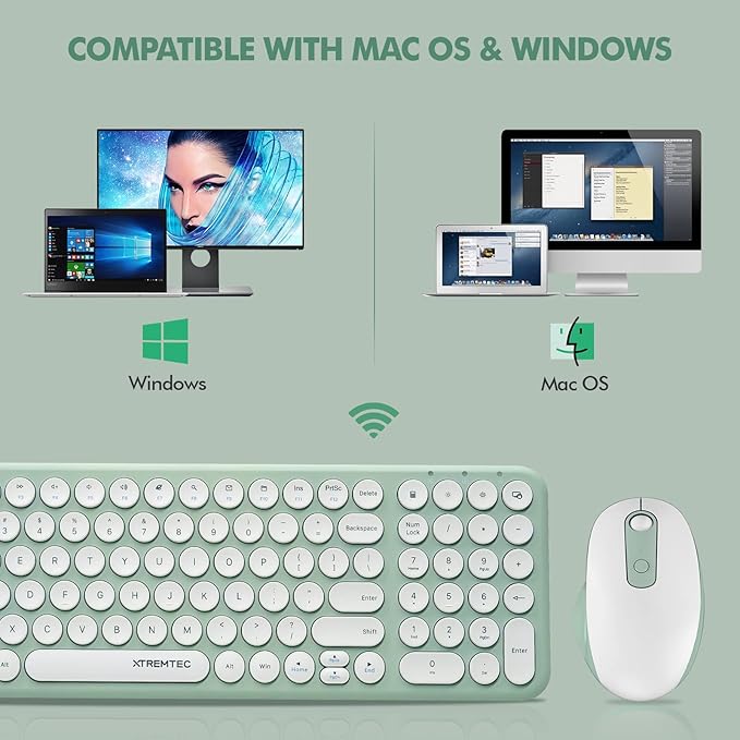 Wireless Keyboard and Mouse, XTREMTEC Compact Full Size Cute Keyboard Retro Round Keycap - 2.4GHz Ultra-Slim Quiet Aesthetic Keyboard for Laptop iMac Windows Computer (Macaron Green A)