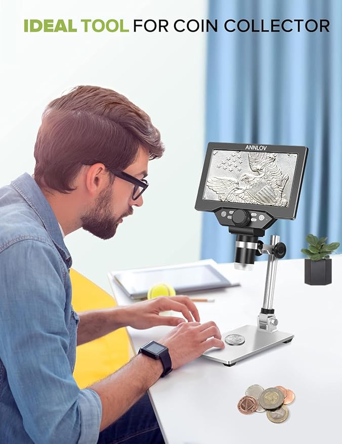 7" LCD Digital Microscope ANNLOV 1200X Maginfication 1080P Coin Microscope with Metal Stand,12MP Ultra-Precise Focusing Video Camera for Adults,8 LED Fill Lights Windows/Mac Compatible