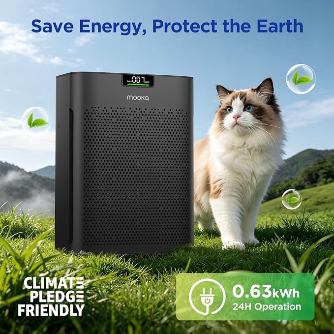 Air Purifier for Home Bedroom Large Room 2200 Ft², MOOKA H13 HEPA Air Cleaner with Washable Pre-filter, Air Quality Monitor, Air Purifiers for Pets Hair Smoke Dust Pollen, Auto Mode, KJ190H Black