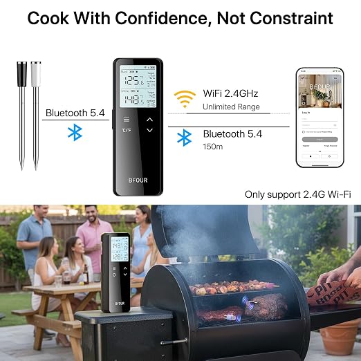 BFOUR Bluetooth Wireless Meat Thermometer with Smart Standalone Base, WiFi Unlimited Range, Dual Probes & 6 Precision Sensors, IP67 Waterproof Meat Probe Thermometer for Smoker, BBQ, Oven, Grill