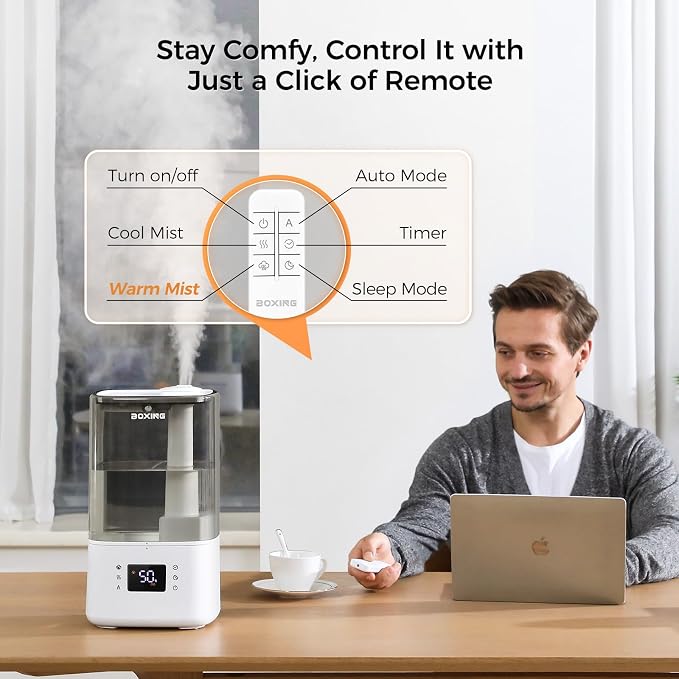 BOXING 6L Warm and Cool Mist Humidifiers for Bedroom, Top Fill Ultrasonic Aroma Diffuser with Remote, Auto Mode Humidistat Perfect for Baby & Plants, Quiet Sleep, Timer, Auto Shut-Off, 60H Runtime