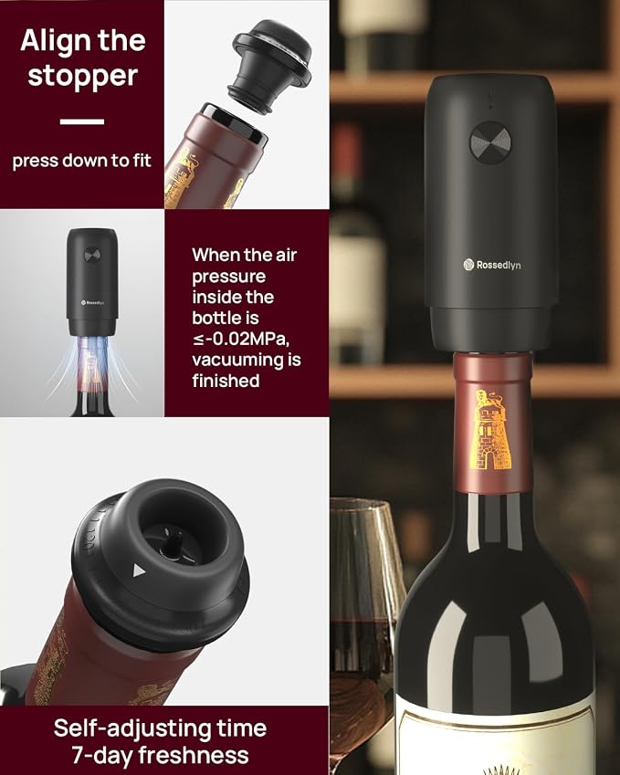 Rechargeable Electric Wine Opener Gift Set - Aerator, Bottle Opener, Foil Cutter, Wine Vacuum Pump and Stoppers for Home Bar Outdoor Party