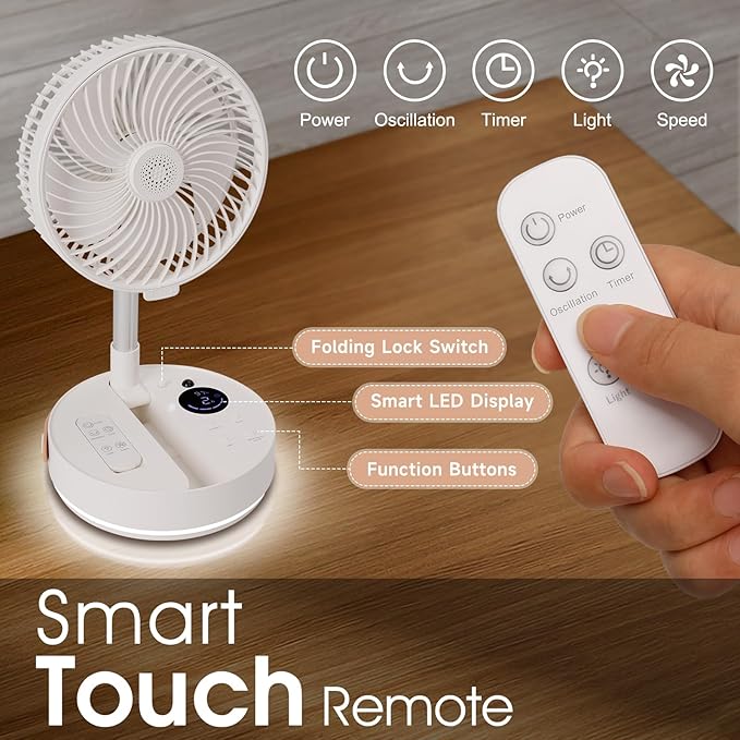 10800mAh Oscillating Portable Fan, Foldable Rechargeable Standing Fan with Remote, 4 Speeds, 2-8H Timer, Aroma Diffuser, 3-Level Night Light, Quiet Cooling for Camping Travel Office Bedroom