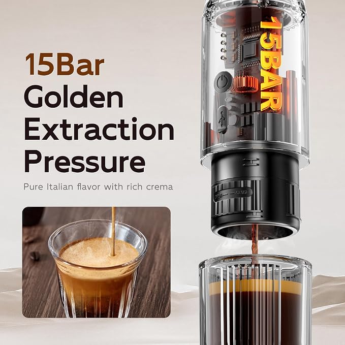 outohome Portable Electric Espresso Machine,15 Bar Self Heating Outdoor Coffee Maker, Travel Coffee Machine for Camping With Ground Coffee and NS Capsule for RV, Office,Car Coffee with carry Bag