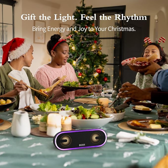 DOSS SoundBox Pro+ P300 Bluetooth Speaker, 40W Stereo Sound, Extra Bass,20H Playtime, Wireless Stereo Pairing, Beat-Driven Lights for Party, IPX6 Waterproof for Garden, Camping, Beach, Outdoor-Black